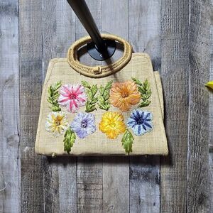 Cottage Product Handmade Vintage 60s Straw Floral Tote Bag Purse